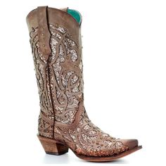 2 1/4" cowboy heel; Glitter inlay and studded design; Goodyear welt construction; 13" shaft; Snip toe; Full-grain leather; Leather outsole Glitter Cowgirl Boots, Glitter Cowgirl, Corral Cowgirl Boots, Coffee Process, Shoes Glitter, Cowboy Shoes, Turquoise Glitter, Corral Boots, Winter Pattern