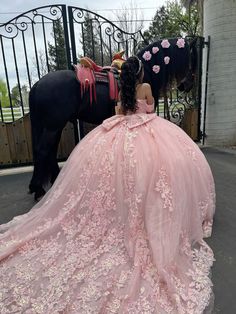 Cute Pink Quinceanera Dresses, Pink Dresses Quince, Xv Pictures With Horse, Ballerina Pink Quince Dress, Sweet 15 Party Ideas Quinceanera Rose Gold, Pink Quinceanera Dresses Long Tail, Pink Dress For Quinceanera, Pink Quince Photoshoot, Light Pink Dress Quinceanera