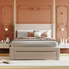 a bedroom with an orange wall and white bed in the center, along with two nightstands on either side of the bed