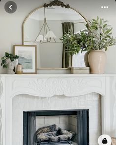 a white fireplace with a mirror and potted plants on it's mantel