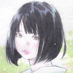 a drawing of a girl with short black hair and bangs, wearing a white shirt