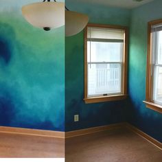 an empty room with blue and green paint on the walls