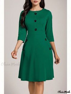 Olivia Mark - Solid Color Round Neck Dress with Seven-Quarter Sleeves, Button Closure and Waist Tie Green A-line Dress With Buttons, Green Button-up Dress With Button Cuffs, Holiday Maxi Dress, Mid Length Sleeves, Split Maxi Dress, Elegant Skirt, Solid Color Dress, Embroidered Skirt, Round Neck Dresses