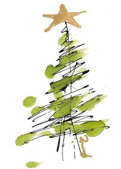 a watercolor painting of a christmas tree with starfishs on the top and bottom