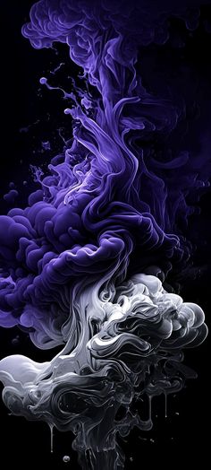 an abstract painting with purple and white colors in the dark water, on black background