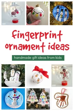 the cover of fingerprint ornament ideas is shown with images of christmas ornaments