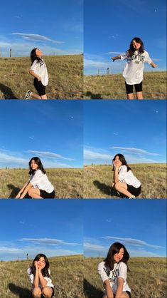 four pictures of a woman sitting in the grass with her hands on her face and arms behind her head