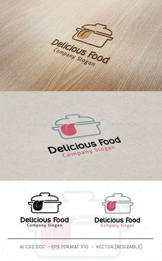 the logo for delicious food company is shown in three different colors and font styles, including red