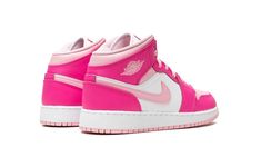 The Air Jordan 1 Mid GS “Fierce Pink” is the youth sizing of the lifestyle shoe with pink accents that give it a can’t-miss look.  The colorway is complete with a Medium Soft Pink leather toe with Fierce Pink leather overlays.  Medium Soft Pink accenting is also seen on the leather Swoosh on the sides and on the collar.  A classic “Wings” logo appears on the overlay on the collar and a Jumpman is found on the tongue.  Underfoot, the white rubber midsole and pink rubber outsole put the finishing touches on the shoe’s design.  Release date: July 24, 2023 Hot Pink Nike Jordans, Hot Pink Air Jordans, Fierce Pink Jordan 1 Outfit, Colorful Jordans, Hot Pink Jordans, Pink Air Jordans, Pink Air Jordan 1, Pink Air Jordan, Jordan 1 Pink