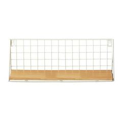 a white metal shelf with wooden shelves on it and a grid design in the middle