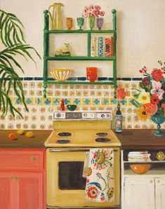 a painting of a kitchen with flowers on the counter top and shelves above the stove