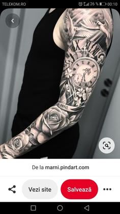 a person with a clock and roses tattoo on their arm is taking a selfie