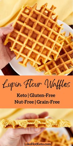 a hand holding a waffle over a white plate with the words, effinn flour waffles keto gluten - free nut - free grain - free