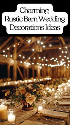 Rustic barn wedding decorations featuring warm lighting, wooden accents, charming table settings, and rustic centerpieces for a cozy celebration Simple Wooden Table Wedding Decor, Farm To Table Centerpieces, Farm Theme Wedding Ideas, Rustic Charm Wedding, Rustic Wedding Table Decor Ideas, Small Rustic Wedding Ideas, Barn Table Wedding Decor, Diy Barn Wedding Decorations, Western Wedding Centerpieces Diy