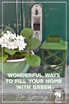 a potted plant with white flowers sitting next to a green phone booth