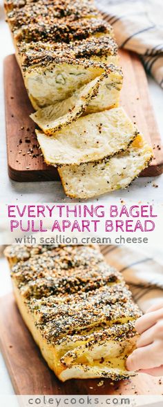 EVERYTHING BAGEL PULL APART BREAD with Scallion Cream Cheese | This is the BEST pull apart bread! If you love everything bagels, you will love this pull apart bread. | #pullapart #bread #recipe #everything #bagel #scallion #creamcheese | ColeyCooks.com Cheese Bread Loaf Recipe, Everything Bagel Bread, Cheese Bread Loaf, Scallion Cream Cheese, Strawberry Banana Bread Recipe, Bread Loaf Recipe, Bagel Dip, Bagel Bread, Strawberry Banana Bread