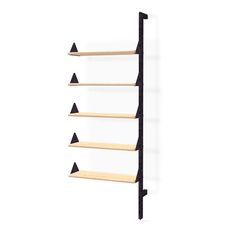 a shelf with five shelves and three black triangles