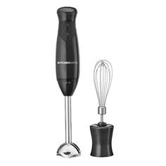 an electric hand blender next to a metal whisk on a white background