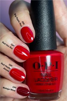 Opi Red Nail Polish Shades Swatch, Red Hot Rio Opi Gel, Opi Apple Red, Perfect Red Nail Polish, Red Nails Colors Shades, Opi Candy Apple Red, Holiday Red Nails Opi, Christmas Red Gel Nail Polish, Opi Reds Comparison