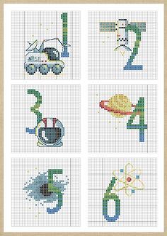 four cross stitch pictures with different designs on them