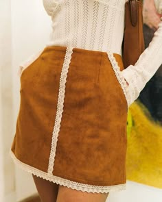 Free shipping on orders over $69. Shop the lace trim suede skirt - khaki - xs,s,m,l,xl at RIHOAS. 70s Skirt, Tailored Clothes, 70s Inspired Fashion, Velvet Skirt, Suede Skirt, Retro Clothing, Kinds Of Clothes, Mini Velvet Dress, Suede Fabric