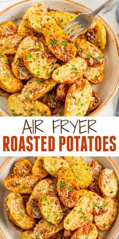 air fryer roasted potatoes with parmesan cheese and seasoning in the middle