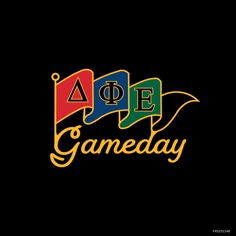 the word gameday written in colorful letters on a black background with an image of two flags