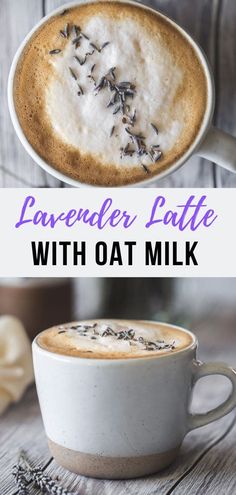 lavender latte with oat milk in a white cup on a wooden table and the words lavender latte above it