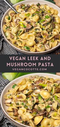 two bowls filled with pasta, mushrooms and broccoli