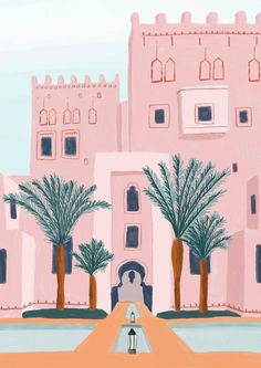 a painting of a pink building with palm trees