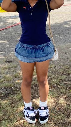 #outfits #ootd #aeropostale #skirt #vans Cute Jean Dress Outfits, Walking Downtown Outfit, Basic Outfits Baddie, Cowgirl Boots Football Game Outfit, Aeropostale Set Outfit, Girly Girly Outfits, New Sku Vans Outfit, Dark Blue Dunks Outfit, Outfits For Long Legs Short Torso