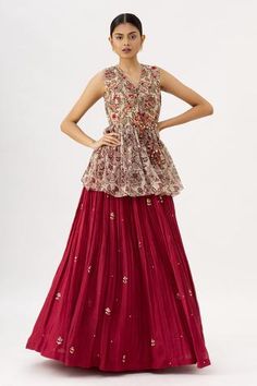 Shop for Label : Anushree Red Chanderi Organza Kalamkari Peplum Tunic And Lehenga Set for Women Online at Aza Fashions Label Anushree, Placement Embroidery, Neeta Lulla, Short Tunic, White Peplum, Red Lehenga, Embroidery Floral, Embroidered Neckline, Designer Gowns