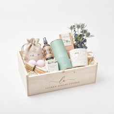 a wooden box filled with personal care items