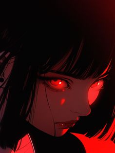 an anime character with red eyes and dark hair looking to the side, in front of a red background