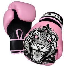 a pink boxing glove with an image of a tiger on it