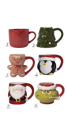 christmas mugs with santa claus, penguin, snowman and penguin on them in different colors