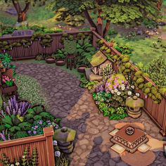 an animated garden with lots of plants and trees