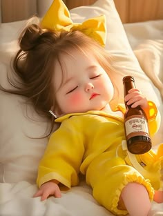 a baby doll laying on top of a bed next to a bottle of booze