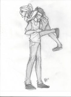 a pencil drawing of two people holding each other's arms and looking at something