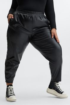 Vegan Leather High-Waisted Pant Fabletics black female Activewear >> Womens >> Bottoms >> Pants & Joggers >> Joggers plus Everyday Made from vegan leather! Faux Leather Bottoms With Elastic Waistband For Fall, Fall Faux Leather Bottoms With Elastic Waistband, Casual Stretch Faux Leather Bottoms, Black Faux Leather Bottoms With Elastic Waistband, Black Tapered Leg Leggings For Fall, Black Tapered Leg Fall Leggings, Black Tapered Leggings For Fall, Vegan Leather Pant, Female Activewear