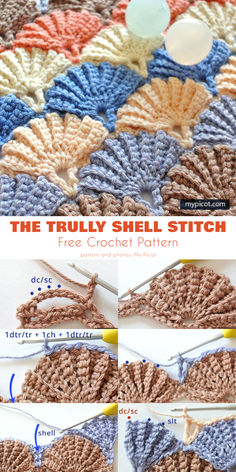 the crochet shell stitch pattern is shown with instructions to make it easier for beginners