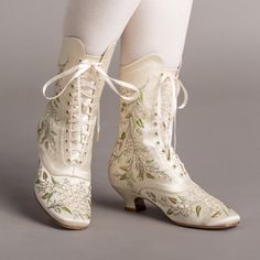 Flora Women's Embroidered Boots (Ivory) Elegant Spring Wedding Boots, Fitted Cream Boots For Wedding, Low Heel Fitted Wedding Boots, Fitted Low Heel Wedding Boots, Traditional Fitted Boots With Floral Embroidery, Satin Boots, Edwardian Shoes, Bata Shoes, American Duchess