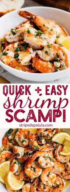 shrimp scamp with lemon and parsley in a white bowl