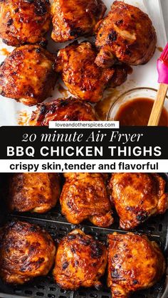 bbq chicken thighs with barbecue sauce in the background and text overlay that reads, 20 minute air fryer bbq chicken thighs crispy skin tender and flavor