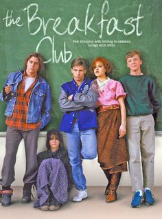 the breakfast club movie poster with four people standing in front of a chalkboard