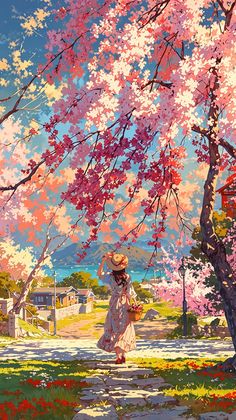 a painting of a woman walking down a path under a tree filled with pink flowers