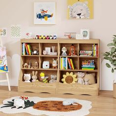 a child's room with toys and bookshelves on the floor next to a potted plant