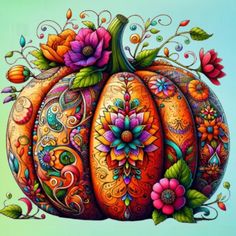 a painting of a pumpkin with flowers on it