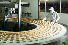 a man in white jacket standing next to conveyor belt with rows of cookies on it