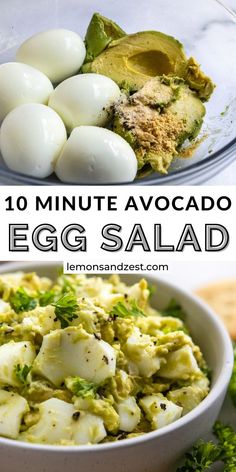 an egg salad with avocado in the middle and on the other side, there is